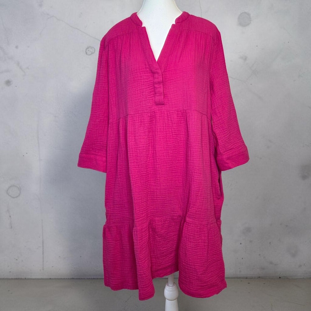 Chico's Fuchsia Pink Cotton Gauze Tiered Midi Dress Size 2 US 12 Roll Tab Sleeve